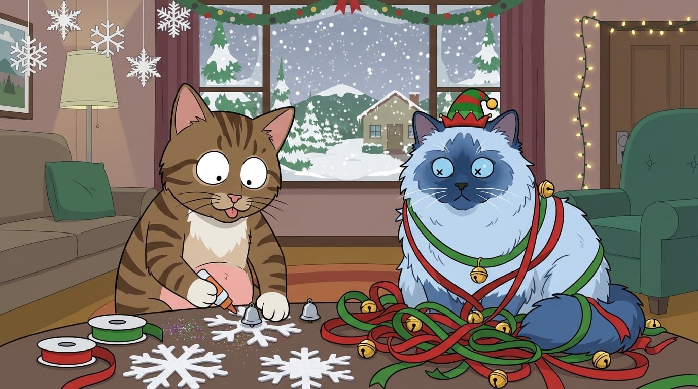 Two cats making christmas decorations, one is pale blue, and has X on his eyes.