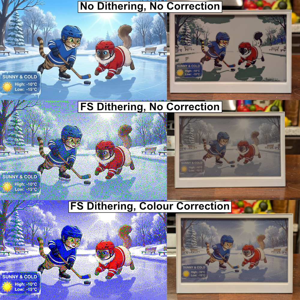 An drawing of two cats playing hockey on ice, showing how dithering improves the display on an e-ink screen, and how adding colour correction results in a more saturated image.